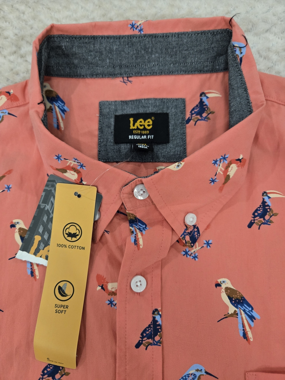 Lee XXL Coral Bird Print Button Up Shirt Cotton Short Sleeve Casual - Picture 5 of 13